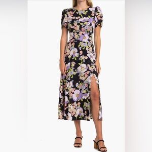 AFRM Floral Midi Dress Slit Puff Sleeves Open Back NWT